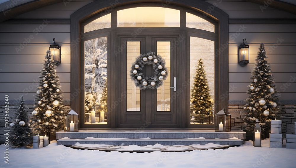 Christmas house door wreath decorations. New Year Eve. Mansion wooden entrance closeup. Winter holidays concept. Seasonal Christmas evergreen with lights and candles near house. Banner Christmas house door wreath decorations. New Year Eve. Mansion wooden entrance closeup. Winter holidays concept. Seasonal Christmas evergreen with lights and candles near house. Banner