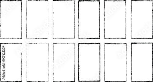 Set of vector border frames with rough edges . Rectangular frame template collection . distress texture . Grunge tiny frame borders isolated on the background . Rough edges effect . 