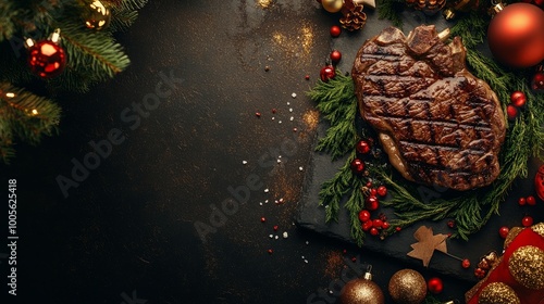 Christmas supper for two: a stone table with grilled beef steak, ribeye, vegetables, and seasonings; toys for the New Year's with copy space