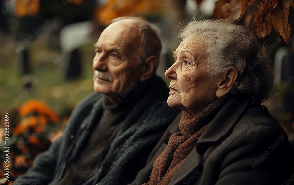 Elderly grandparents, a man and woman, thinking about the end of life, with a cemetery visible behind them, illustrating their reflections on mortality and legacy