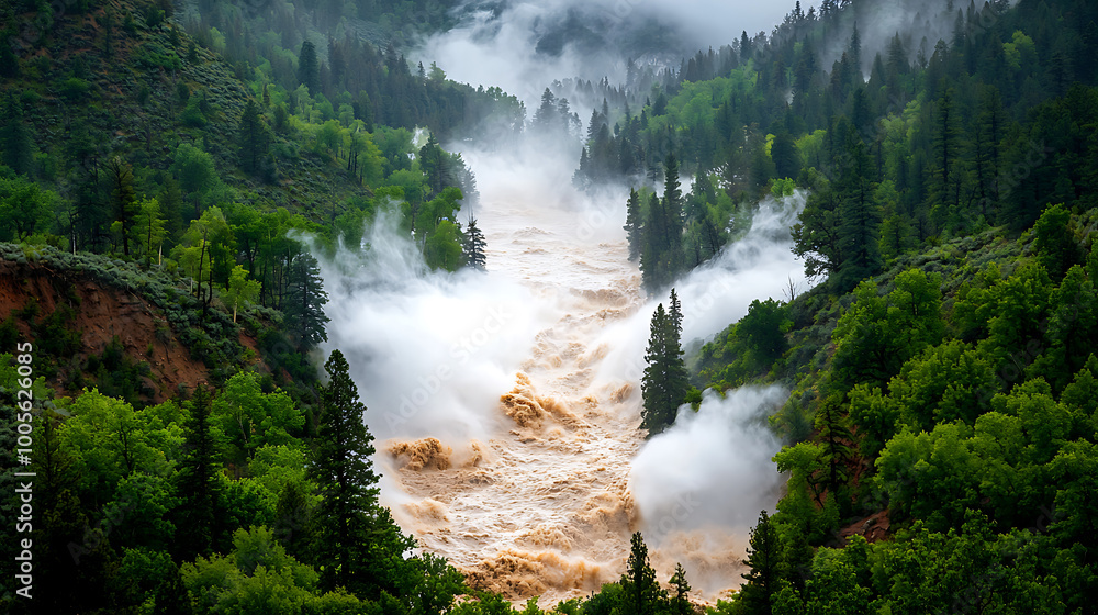 powerful flash flood cascades down mountain slope, surrounded by lush green trees and mist. dramatic scene captures raw force of nature and beauty of landscape powerful flash flood cascades down mountain slope, surrounded by lush green trees and mist. dramatic scene captures raw force of nature and beauty of landscape