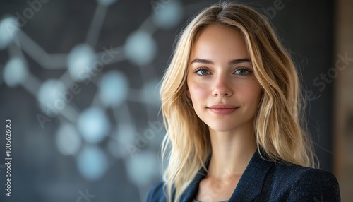 Elegant portrait of a blonde Caucasian woman data analyst in information technology, with flowing data visualizations, professional and businessready, clear space for text