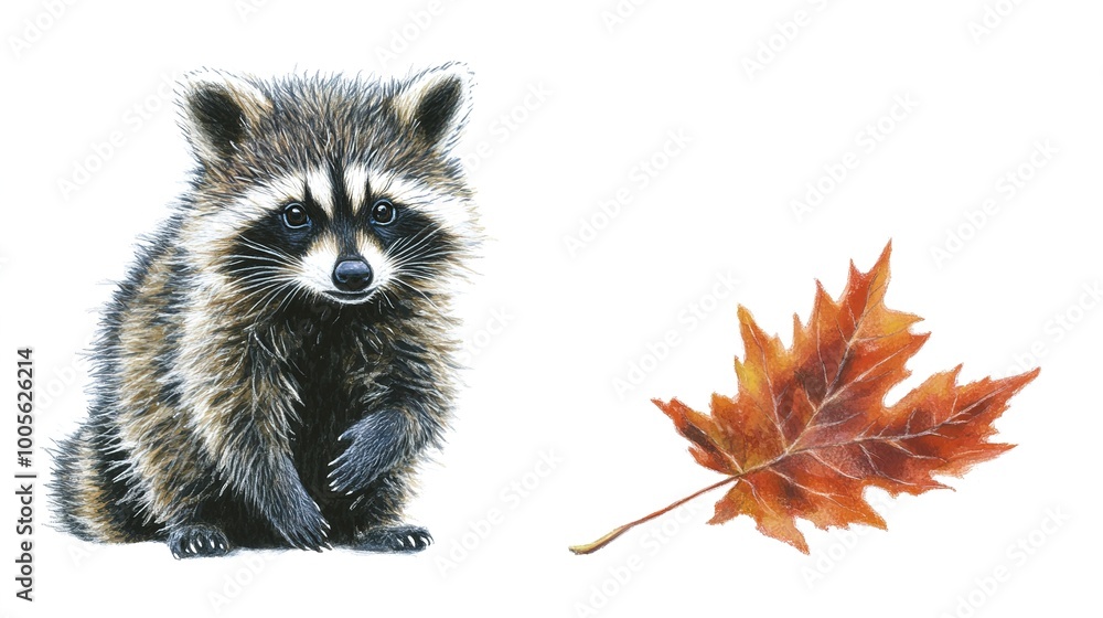 Fototapeta premium A cute cartoon raccoon playfully holding an autumn leaf, embodying the essence of the fall season. The raccoon, with its charming expression and bushy tail, captures the whimsical nature 