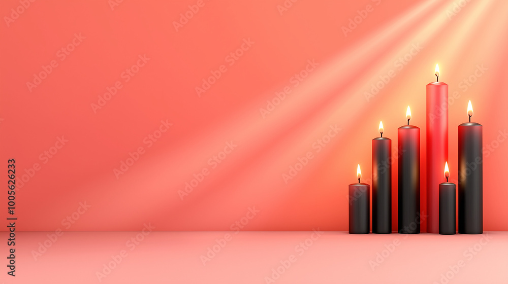 Red and black festive candles glowing in a holiday room, 3D illustration Red and black festive candles glowing in a holiday room, 3D illustration