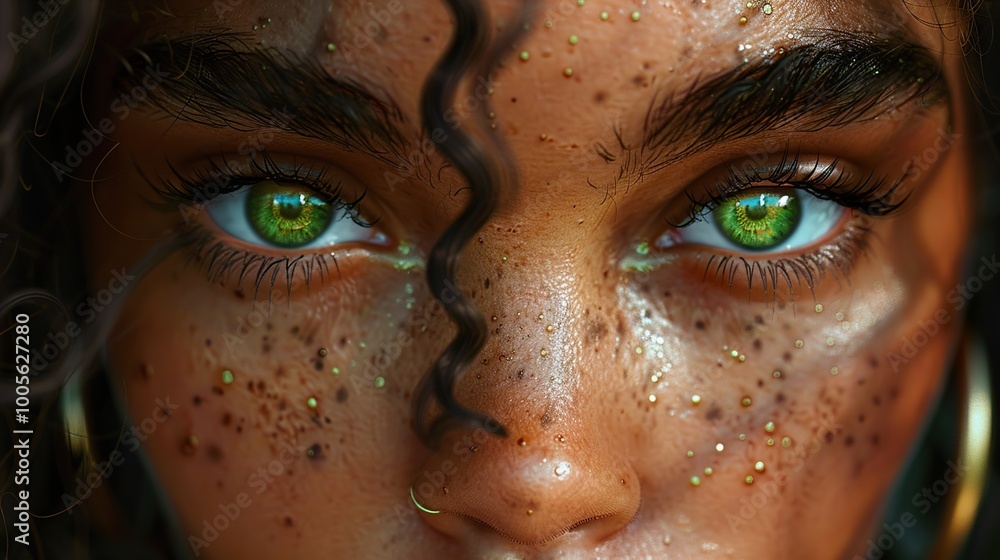 Intense Gaze: Close-up Portrait of a Woman with Green Eyes Intense Gaze: Close-up Portrait of a Woman with Green Eyes