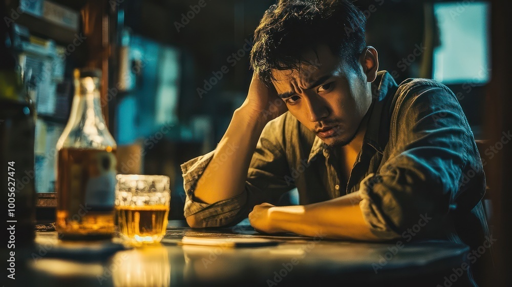 A man sits alone at a bar, looking down at his drink, with a bottle of alcohol and a glass of liquor on the table. A man sits alone at a bar, looking down at his drink, with a bottle of alcohol and a glass of liquor on the table.