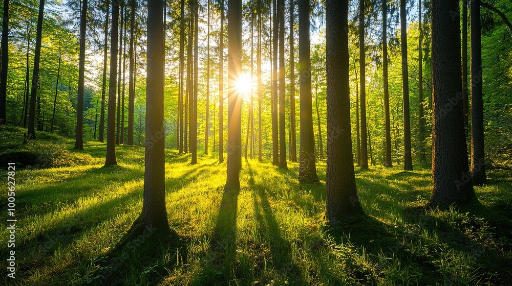 Obraz premium Deep within a dense forest, a hidden clearing is illuminated by the golden light of early evening. The tall trees surrounding the clearing cast long shadows, creating a natural canopy overhead.