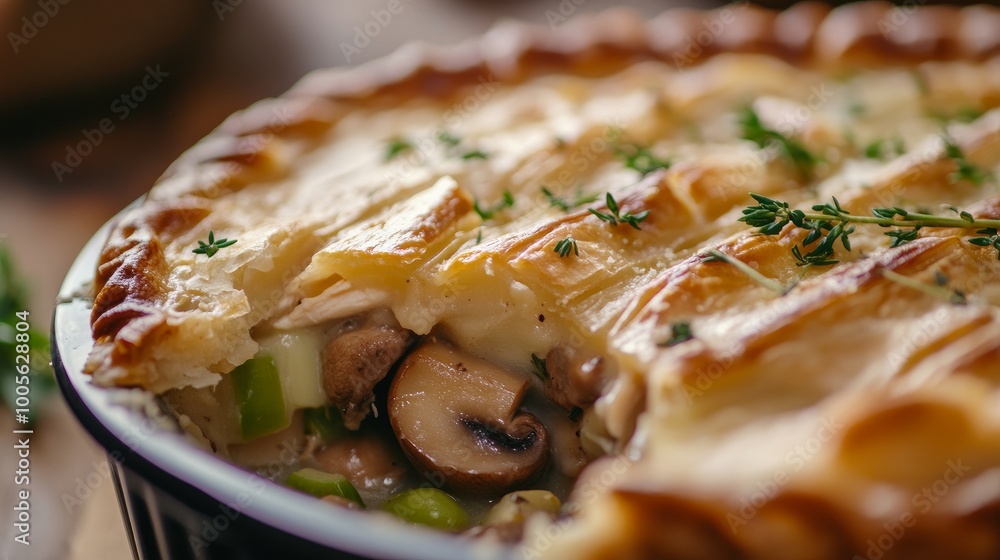 Close-up 4K photo of homemade chicken mushroom leek pie leftover from Christmas | festive culinary delight Close-up 4K photo of homemade chicken mushroom leek pie leftover from Christmas | festive culinary delight