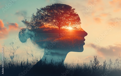 Outline of a human head with a serene landscape inside, symbolizing inner peace and mental tranquility, ample copy space for text