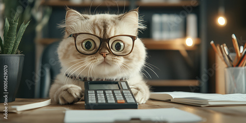 Cat Calculating Finances at Desk