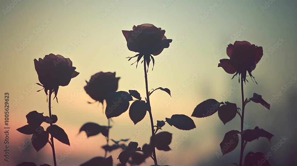 Naklejka premium Shadowy rose silhouettes against a hazy pastel sky creating a whimsical and poetic scene Vintage film and soft focus lend a pre Raphaelite inspired atmospheric and dreamlike to this contemporary