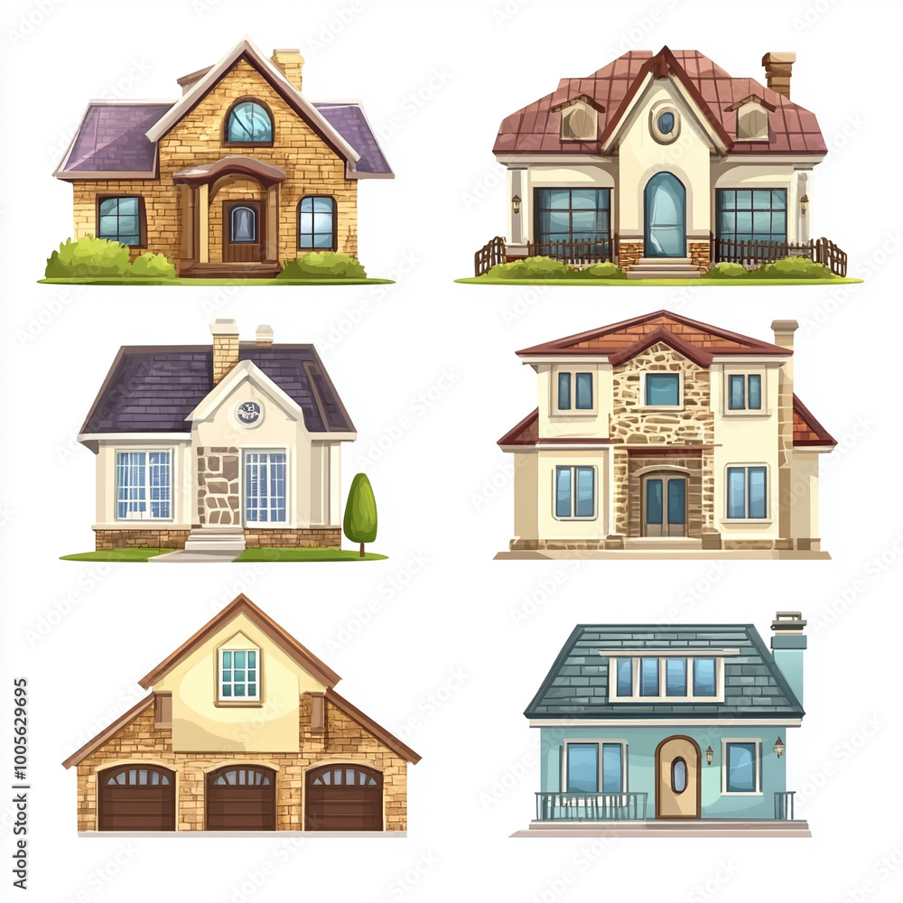 Vector house town building icon illustration set. Village cottage cartoon facade construction with window, terrace and garage Vector house town building icon illustration set. Village cottage cartoon facade construction with window, terrace and garage