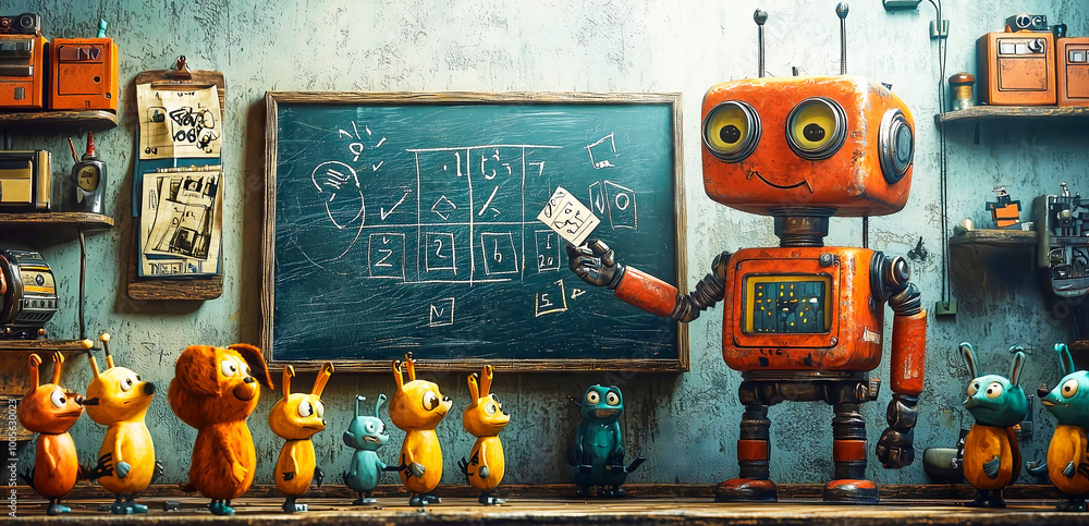 Fototapeta premium Smiling robot teacher explaining lesson to group of students