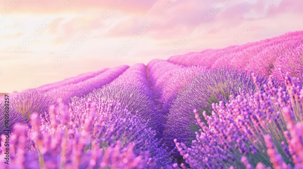 Obraz premium Lavender Field at Sunset: A breathtaking panorama of a lavender field bathed in the warm glow of a sunset. Rows of purple flowers stretch out to the horizon, creating a serene and idyllic scene.