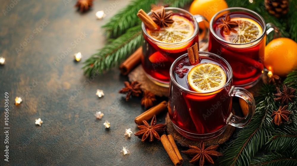 Mugs of mulled wine adorned with citrus fruits and spices. Typical hot beverage or drink, celebratory cocktail for the holidays or new year Mugs of mulled wine adorned with citrus fruits and spices. Typical hot beverage or drink, celebratory cocktail for the holidays or new year