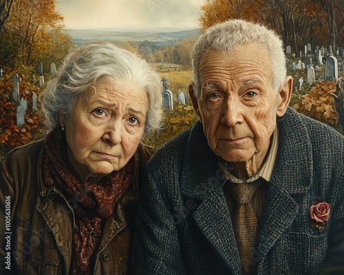 Portrait of an elderly married couple, deep in thought about mortality, with a cemetery view behind them, depicting their contemplation of the end of life photo