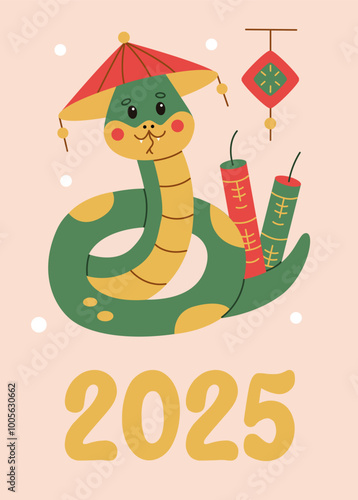 Snake celebrating 2025 with firecrackers and a festive Chinese hat in flat style. Perfect for New Year greeting cards, holiday designs, and zodiac-themed artwork.