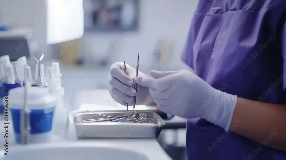 Dentist preparing dental tools, sterilizing dental instruments on a tray Dentist preparing dental tools, sterilizing dental instruments on a tray