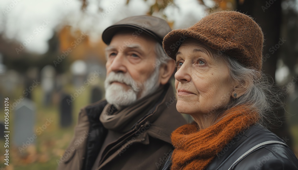Portrait of an old married couple contemplating death, with a cemetery visible behind them, illustrating their thoughts on the end of life and legacy Portrait of an old married couple contemplating death, with a cemetery visible behind them, illustrating their thoughts on the end of life and legacy