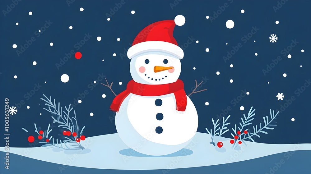 Charming of a smiling snowman character wearing a red Christmas hat standing in a winter landscape with a Christmas tree gift boxes and other festive holiday elements in a flat minimalist style Charming of a smiling snowman character wearing a red Christmas hat standing in a winter landscape with a Christmas tree gift boxes and other festive holiday elements in a flat minimalist style