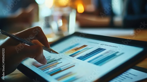 A hand interacts with a tablet displaying colorful bar graphs and data analysis.