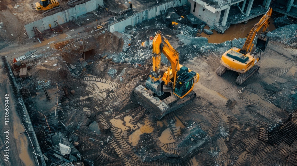 A construction site with a large yellow excavator and a smaller yellow excavator A construction site with a large yellow excavator and a smaller yellow excavator