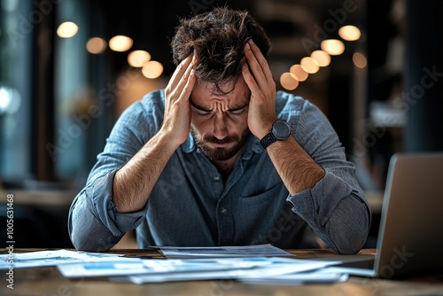 A small business owner stressed over financial paperwork, struggling to keep up with the demands of daily operations photo