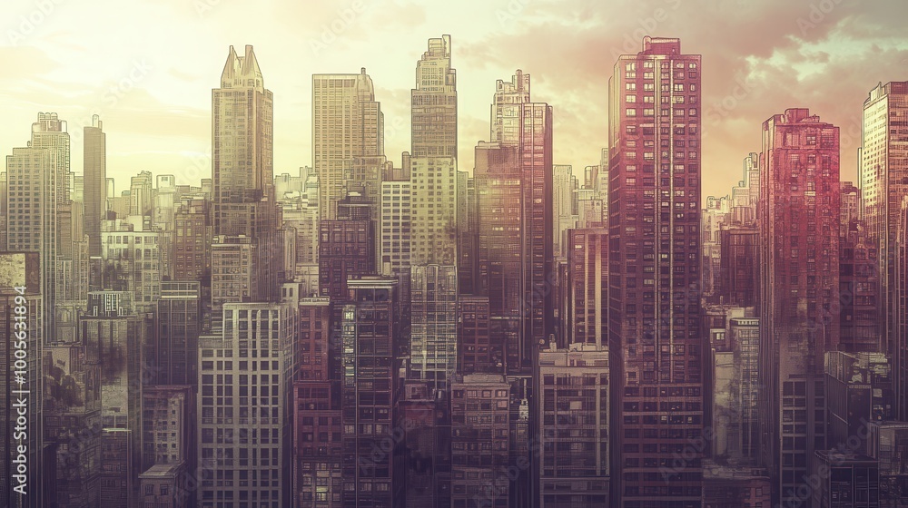 Fototapeta An Artistic Depiction of a Dense Urban Skyline at Sunset