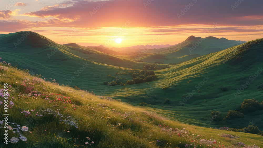 Fototapeta premium Golden Hour Over Rolling Hills