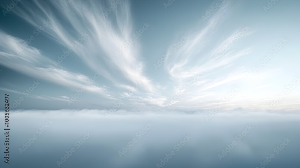 Naklejka premium Ethereal Cloudy Landscape with Wispy Dreamy Wisps and Soft Diffused Light A serene tranquil natural setting with an otherworldly captivating atmosphere