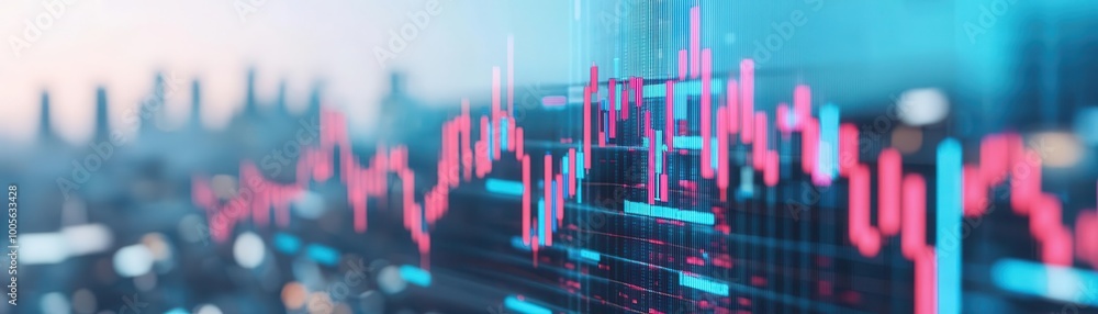 A vibrant visualization of a stock market chart shows fluctuating prices with pink and blue lines against a blurred city skyline background. A vibrant visualization of a stock market chart shows fluctuating prices with pink and blue lines against a blurred city skyline background.