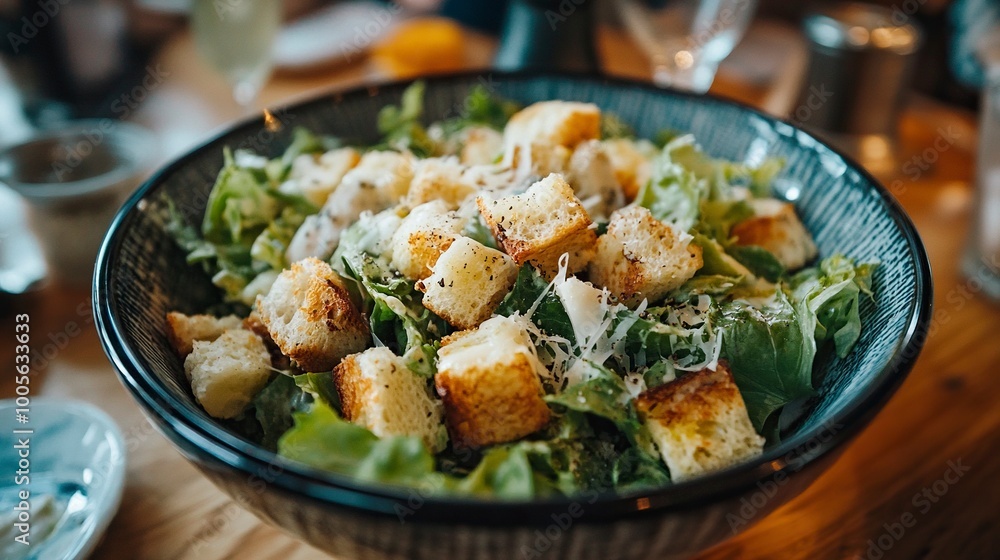 Close up of a bowl of delicious caesar salad on a restaurant table .generative ai Close up of a bowl of delicious caesar salad on a restaurant table .generative ai