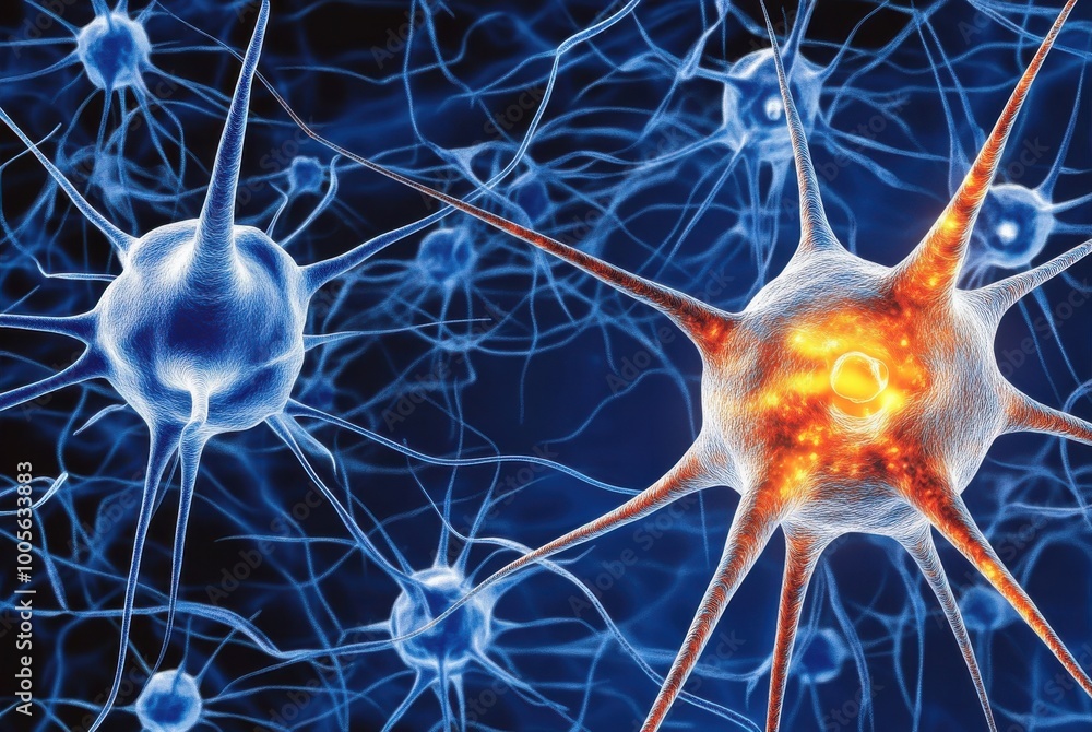 Illustration of neurons depicting a neural network in the human brain, highlighted with blue and orange colors. Illustration of neurons depicting a neural network in the human brain, highlighted with blue and orange colors.