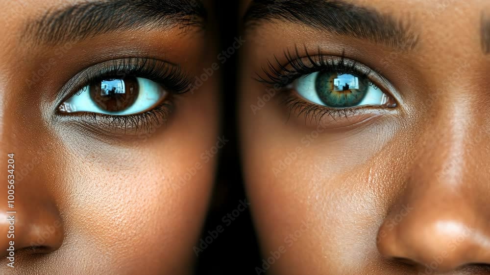 Two women look intensely at the camera, their eyes reflecting a deep connection and shared experience Two women look intensely at the camera, their eyes reflecting a deep connection and shared experience