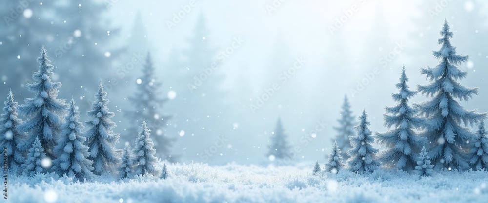 Naklejka premium Snowy winter forest landscape with frosted trees and falling snow on a misty background