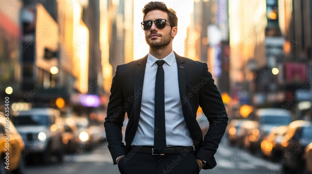 A confident man in a suit walking through a busy city street at sunset. A confident man in a suit walking through a busy city street at sunset.