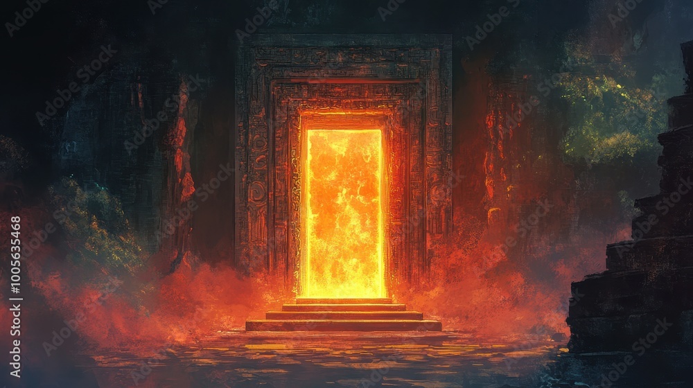 Obraz premium Ancient Stone Gateway Leading to a Glowing Portal
