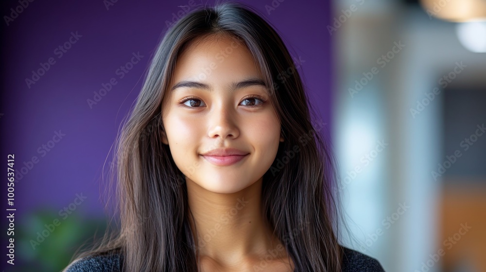 Photo of young Asian woman on purple background Photo of young Asian woman on purple background