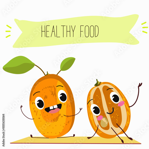 Kumquat character, tropical exotic fruit, vector isolated food icon, funny character. Hand drawn vector.