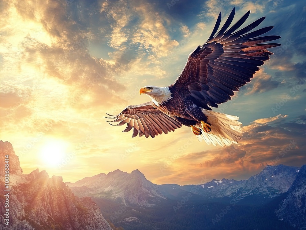 Obraz premium Majestic Bald Eagle Soaring Over Rugged Mountains: A Stunning Sunset Landscape Perfect for a Sports-Themed Interior Poster