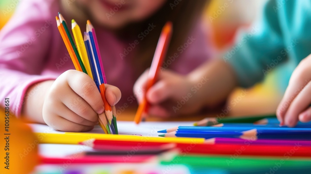 Children coloring with vibrant pencils on paper, engaging in creative play. Children coloring with vibrant pencils on paper, engaging in creative play.