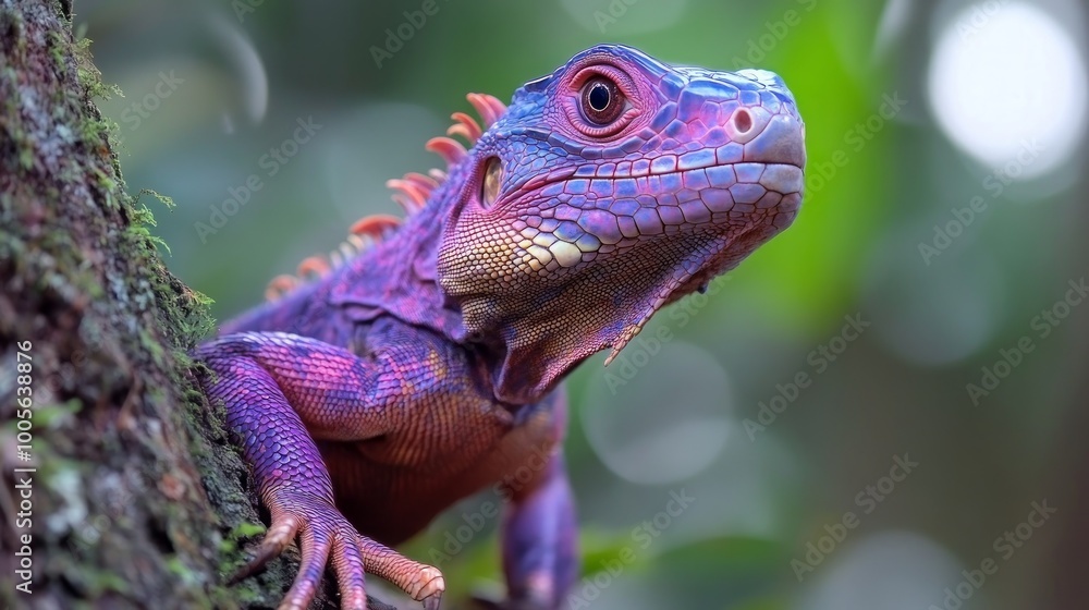 Purple iguana (Iguana iguana) on tree in tropical rainforest, Rio Tempisque Guanacaste, Costa Rica wildlife Purple iguana (Iguana iguana) on tree in tropical rainforest, Rio Tempisque Guanacaste, Costa Rica wildlife