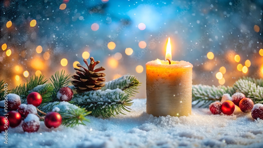 burning candle in snow with festive decoration burning candle in snow with festive decoration