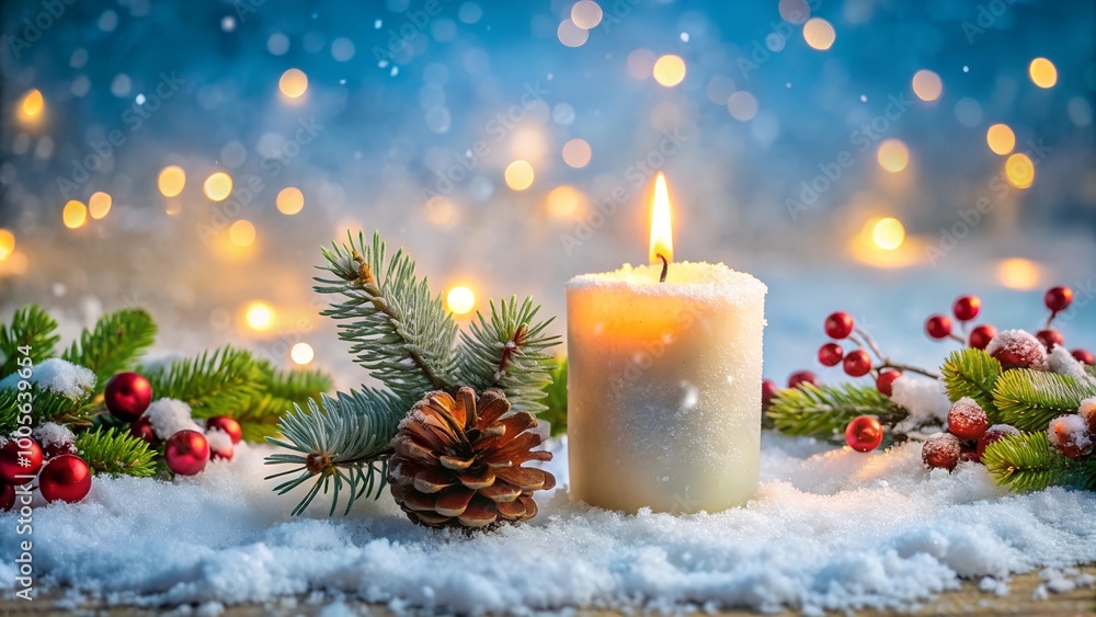 burning candle in snow with festive decoration burning candle in snow with festive decoration