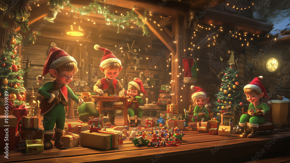 Santa workshop with elves making toys. illustration. Santa workshop with elves making toys. illustration.