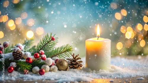 burning candle in snow with festive decoration