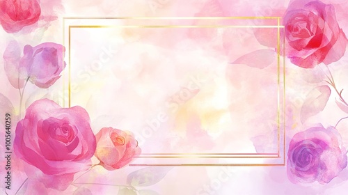Fototapeta Naklejka Na Ścianę i Meble -  Elegant floral background design featuring a rectangular gold frame adorned with vibrant watercolor roses in shades of pink, purple, and red, complemented by delicate green leaves. 