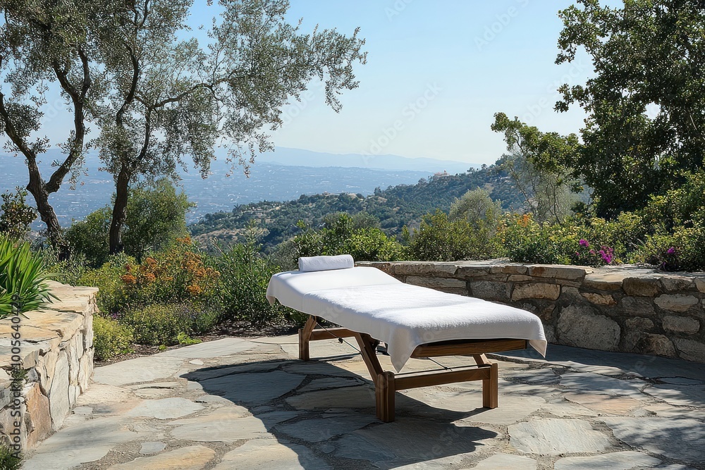 Fototapeta premium A massage table sits on a stone patio with stunning views of the mountains and a valley in the distance.