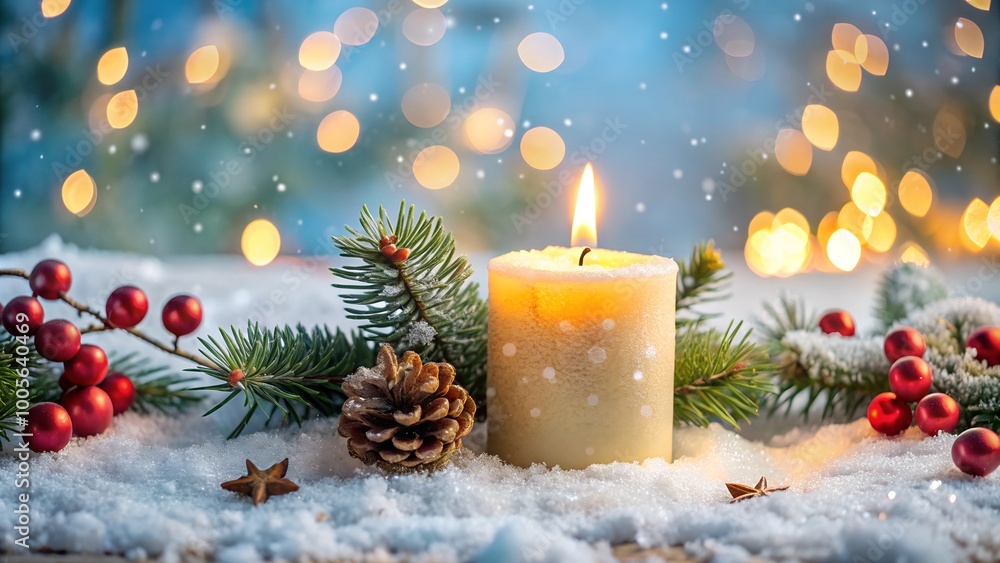 burning candle in snow with festive decoration burning candle in snow with festive decoration