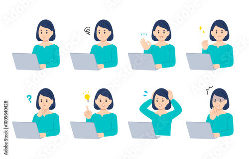 パソコンを見ながらいろいろな表情･ポーズをする若い女性のセット【人物ベクターイラスト素材】